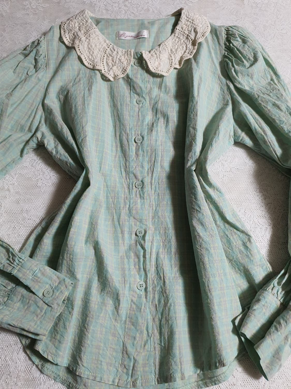 [빈티지] 레이스 카라 블라우스 민트 체크 상품이미지1