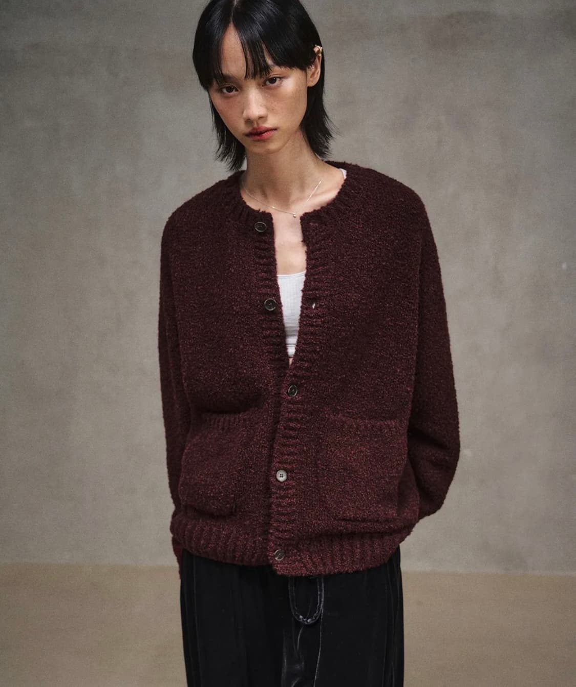 [48]엘무드 봉봉 부클 울 라운드 가디건 크랜베리 상품이미지4