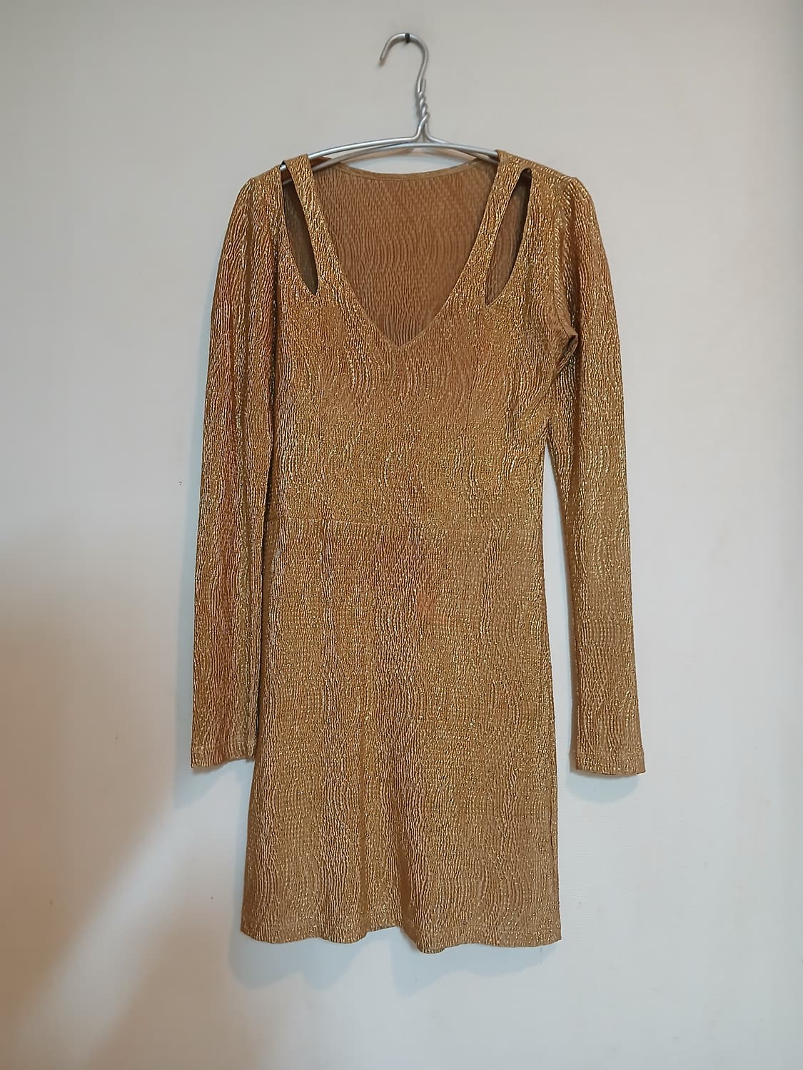 고급 골드 메탈릭 슬리브 셔링 원피스 섹시 드레스 홀복 파티 클럽 신축성 상품이미지1