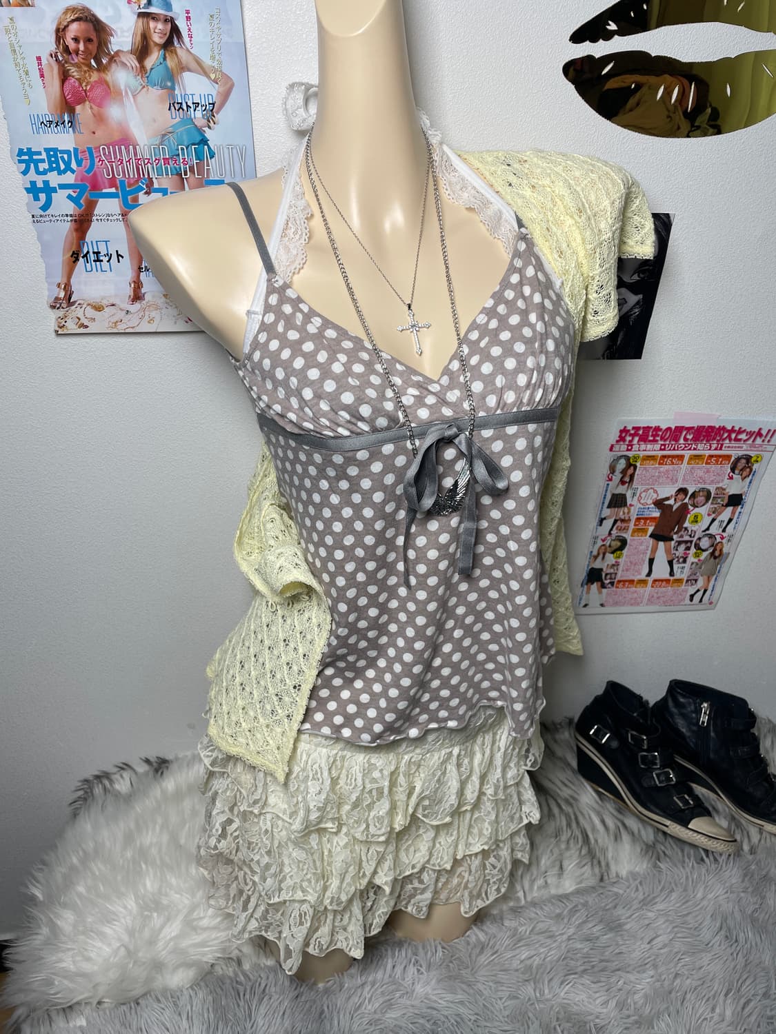 Set)러블리 갸루 연노랑 슬리브리스 가디건 레이스 스커트 세트 상품이미지2