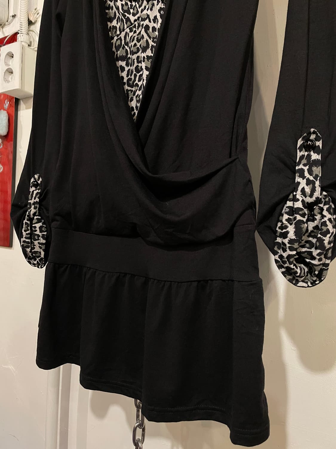 레오파드 패턴 체인 레이어드 블랙 원피스 갸루 상품이미지6