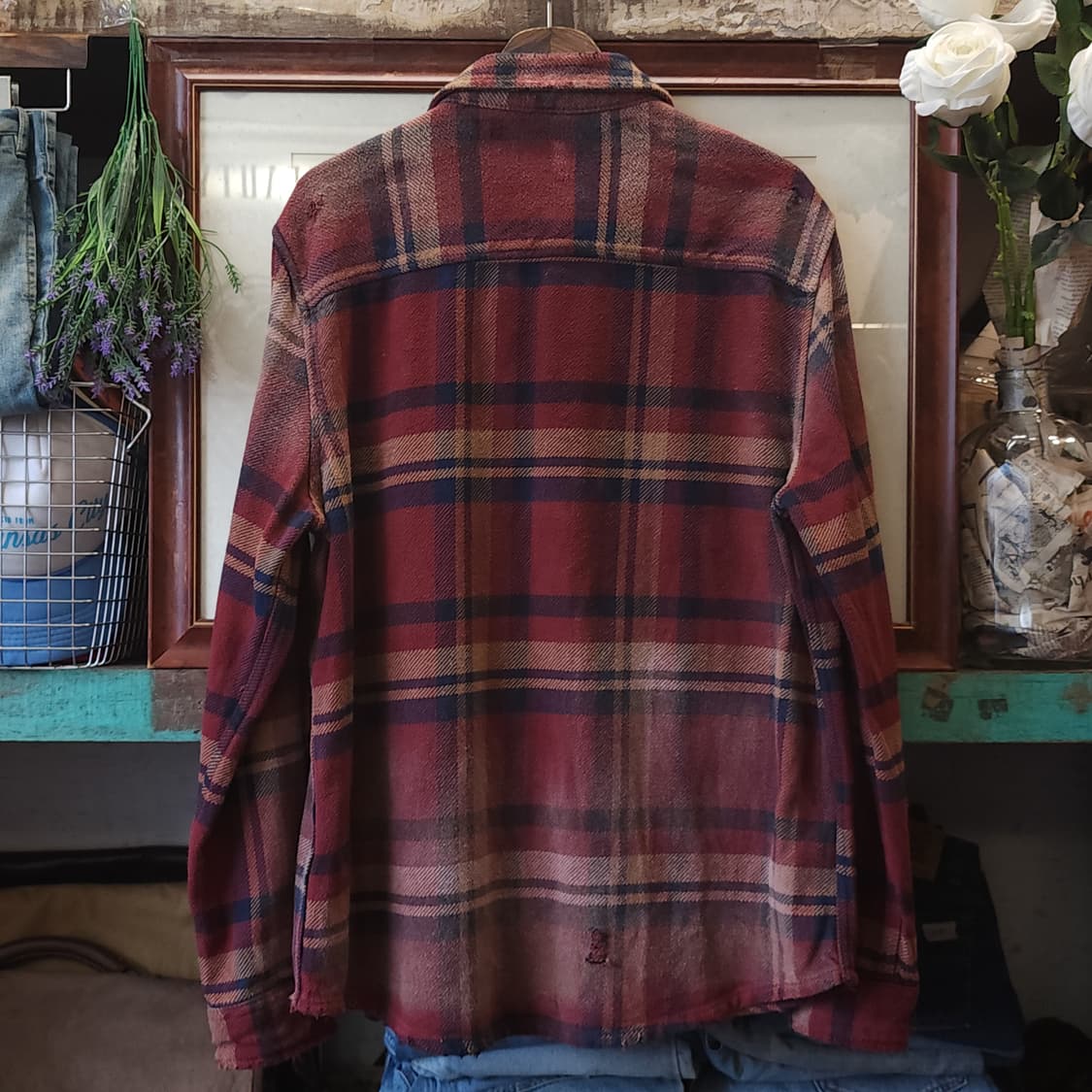 90s 빈티지 체크셔츠 헤비 플란넬 워크셔츠 썬페이딩 레드 데미지 L 상품이미지2