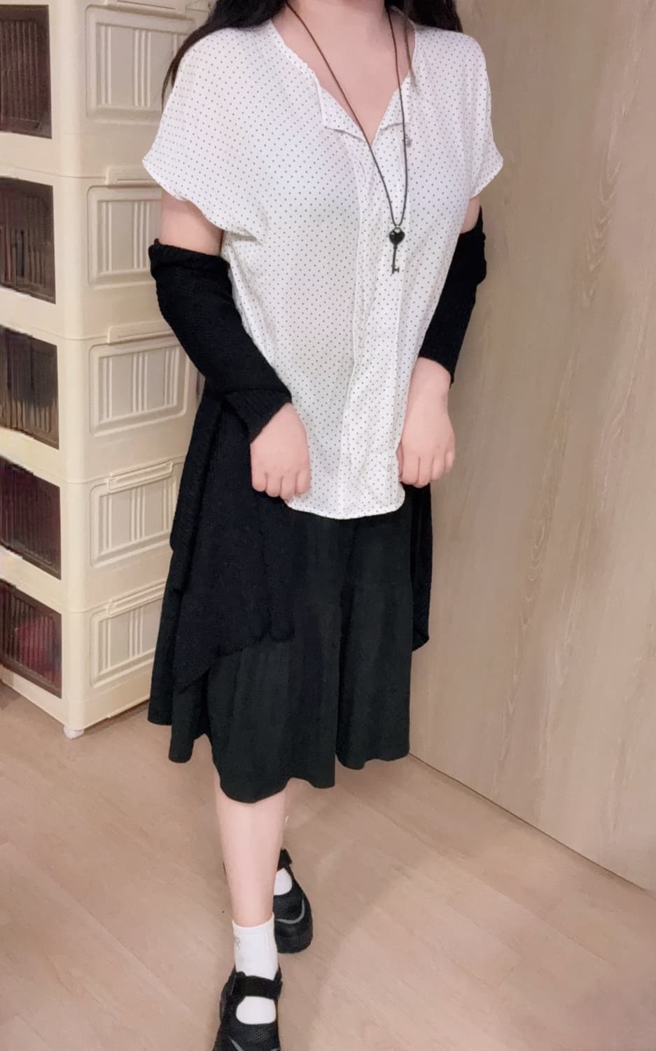 블랙 히메갸루 도트 포인트 약 시스루 프릴 셔츠 캉캉 레이어드 코디세트 상품이미지3