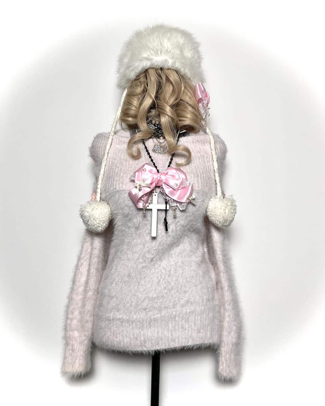 jpn 히메갸루 핑크 퍼 아일렛 리본 오프숄더 니트 상품이미지1