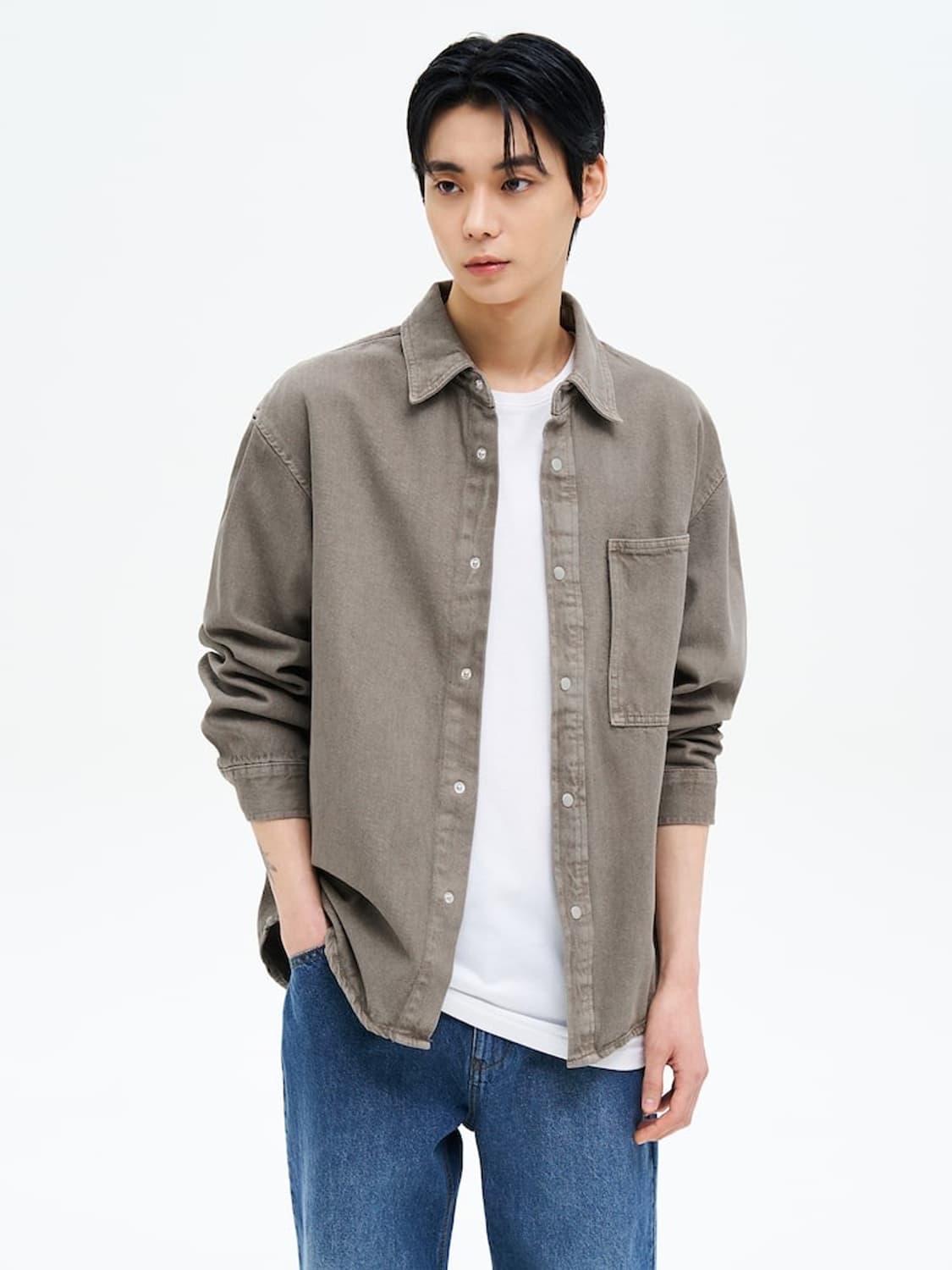 에잇세컨즈/ 헤비 트윌 가먼트다잉 셔츠 올리브/ XXL 상품이미지1