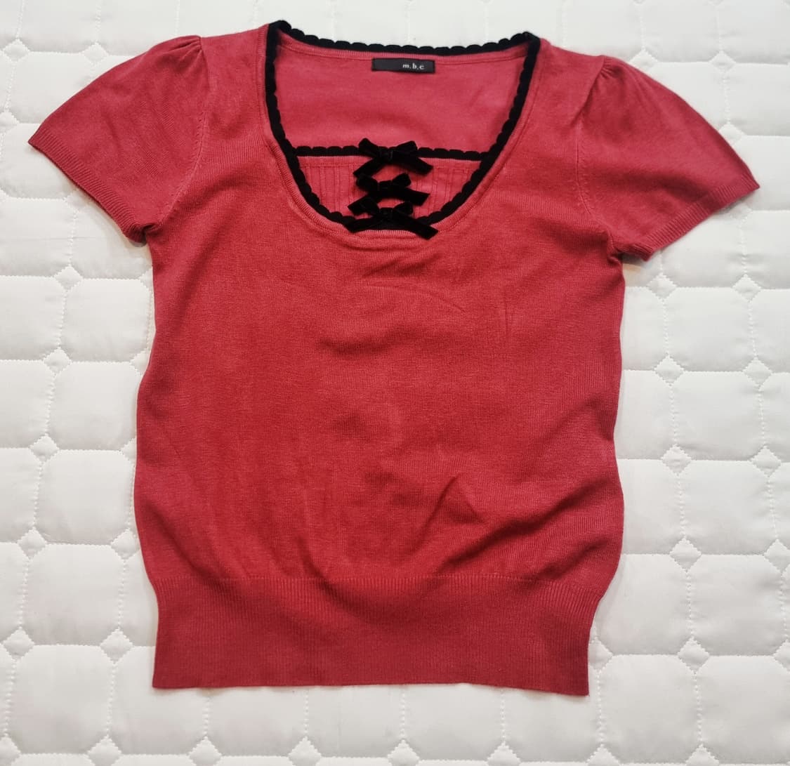 로맨틱 블랙리본 배색 니트 반팔 상품이미지2