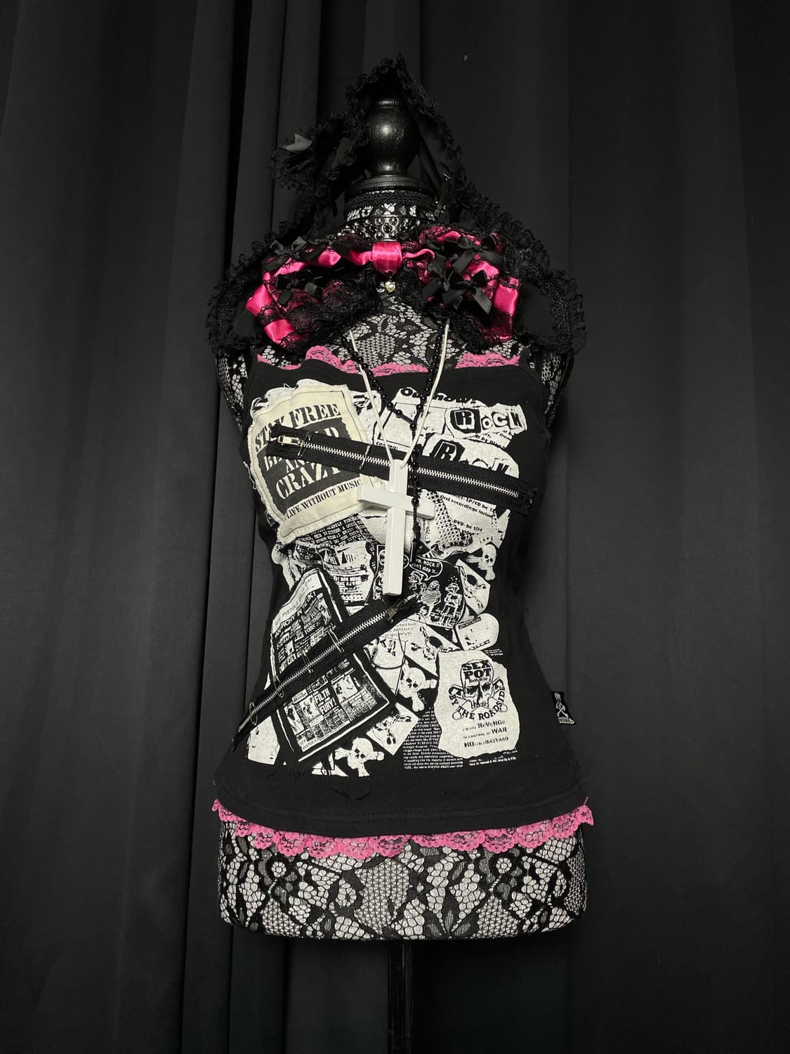 SEXPOT REVENGE 섹스팟리벤지 펑크 핑크 레이스 슬리브리스 나시 상품이미지3