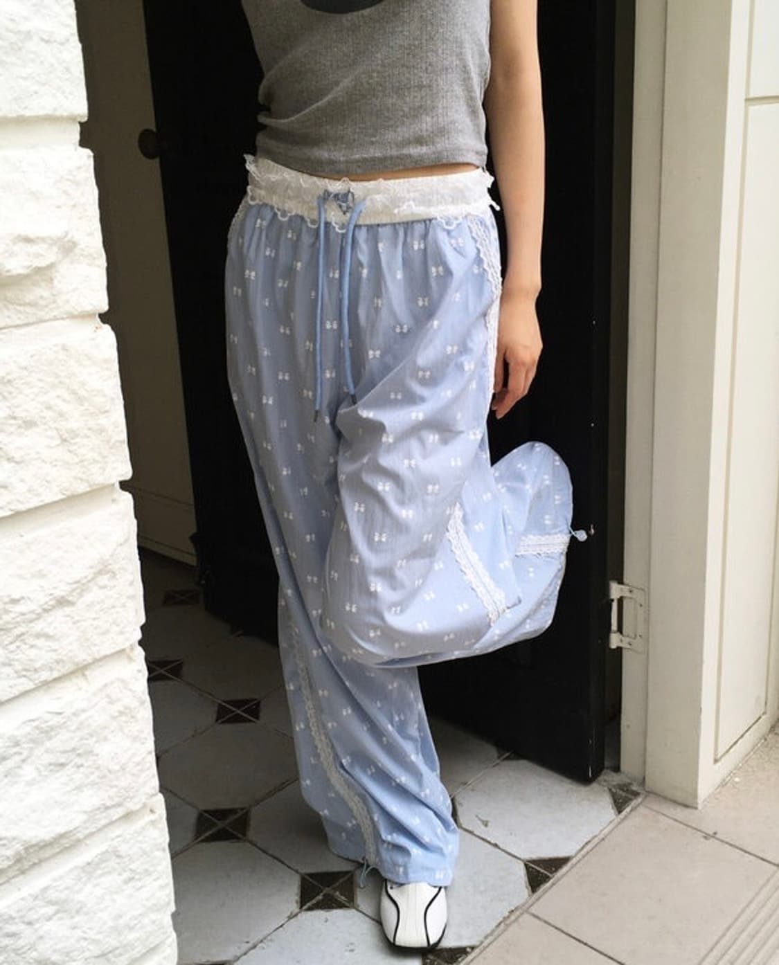 카제 레이스 리본 나일론 트랙팬츠 상품이미지1