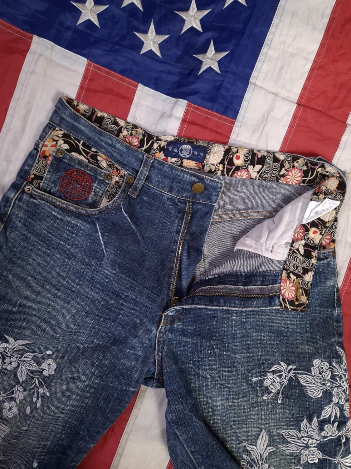 오리지날 일본판 풍신뇌신 오리엔탈 자수 잉어 데님진 상품이미지7