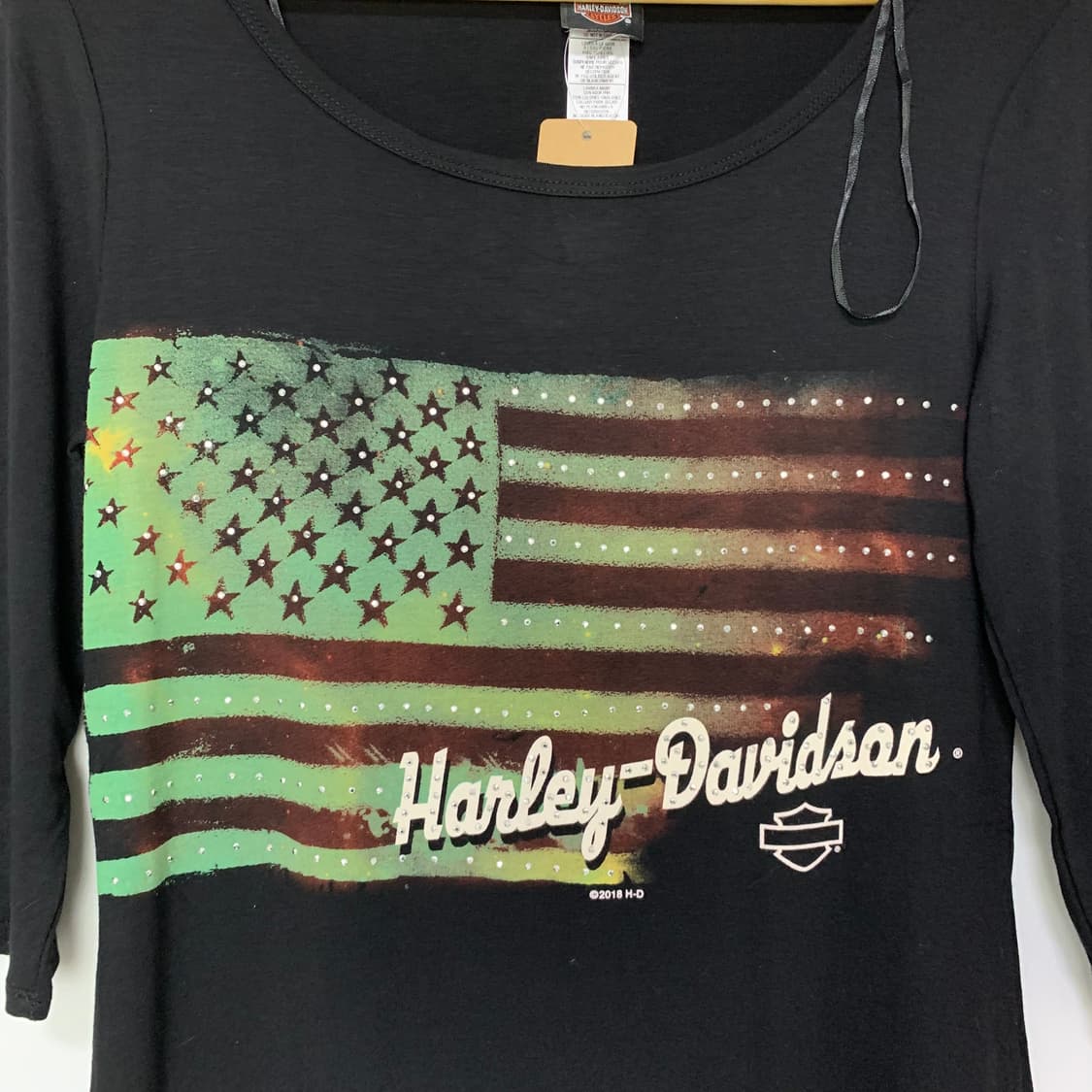 할리데이비슨 빈티지 성조기 큐빅 7부 소매 슬리브 티셔츠 M y2k 상품이미지4