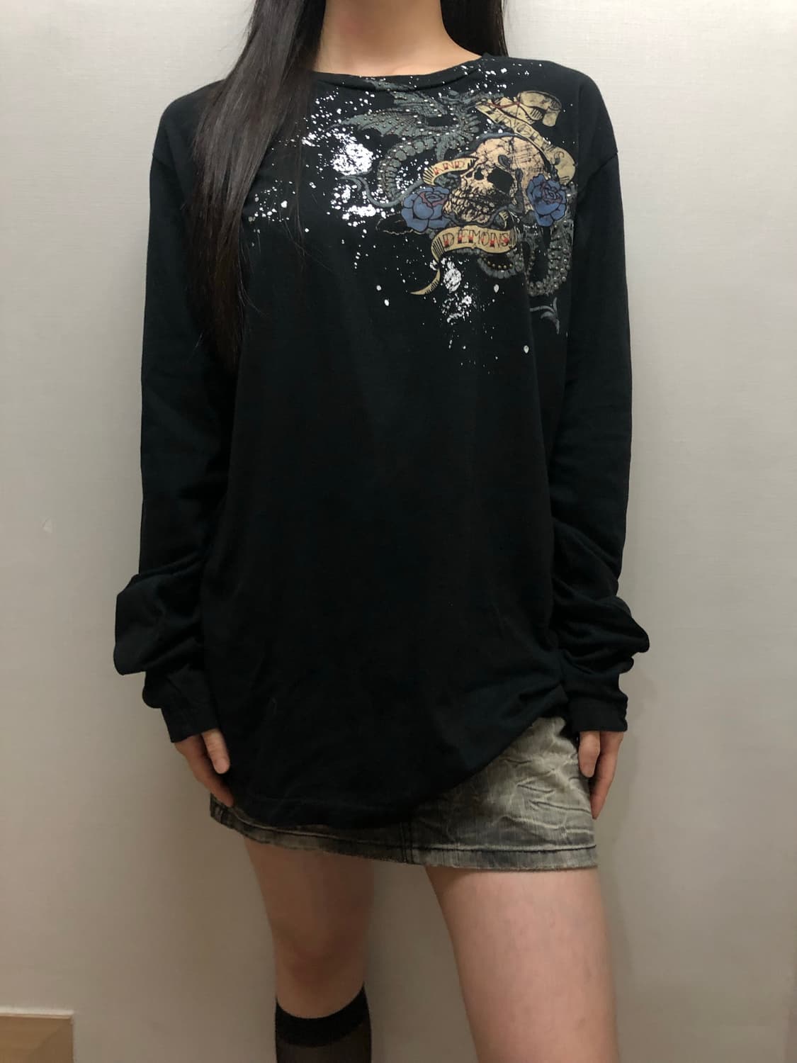 빈티지 블랙 펑크 프린팅 롱 슬리브 상품이미지1