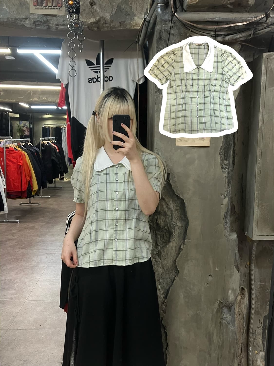 빈티지 체크 카라 블라우스 그린 M-L #csz2122 상품이미지1