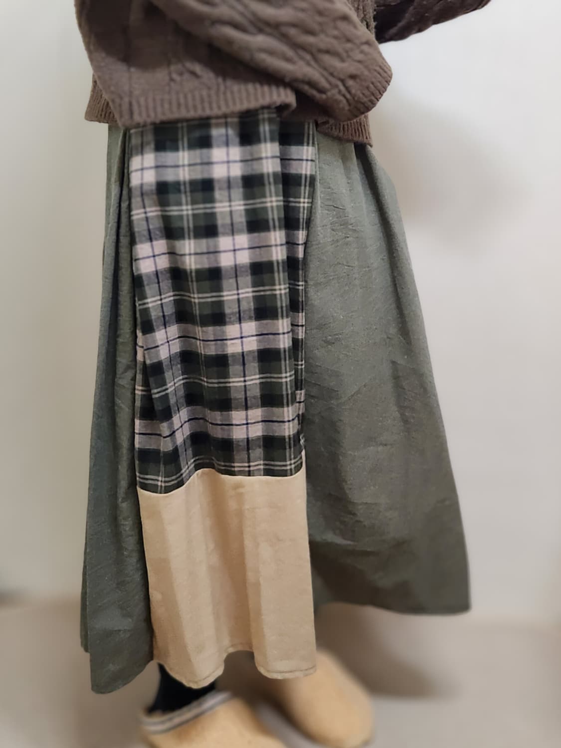 [기장수선가능] 360도 양면 카키 밴딩 패치워크 롱스커트 보헤미안 상품이미지2