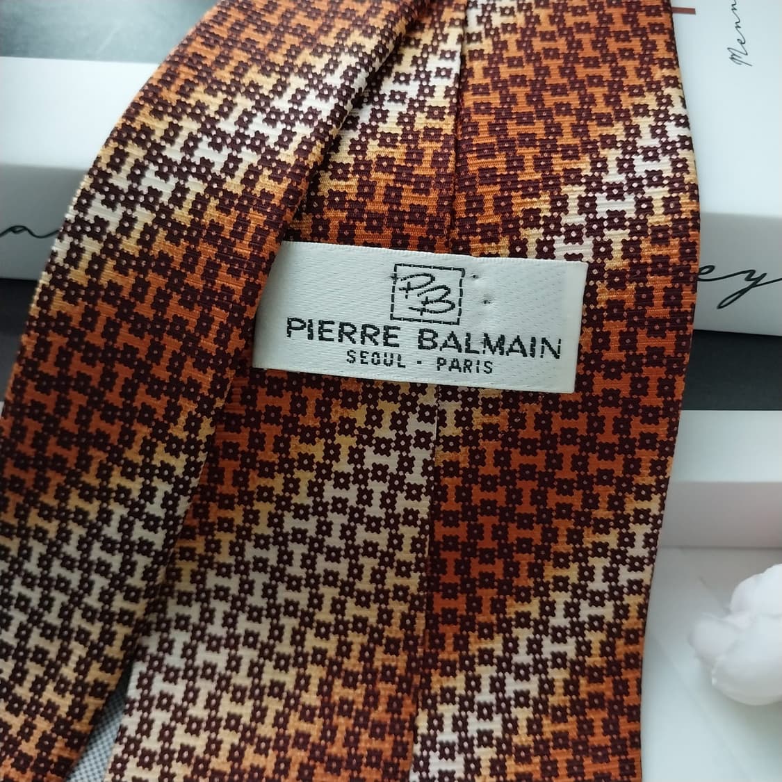 피에르 발망 실크 오렌지 체크 넥타이 9.9cm A등급 K1180
 상품이미지5