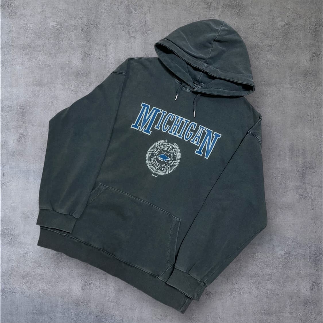 트래블 미시간 빅로고 피그먼트 차콜 후드티 상품이미지1