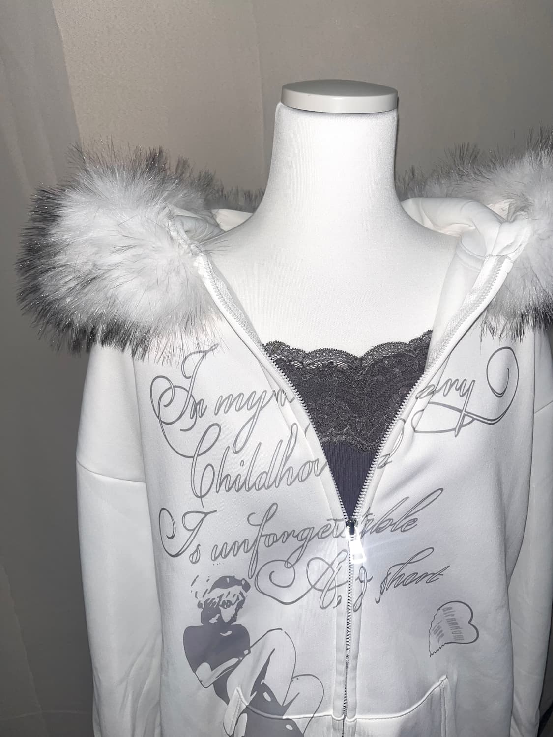 빈티지 레터링 그래픽 화이트 퍼 후드집업 상품이미지5