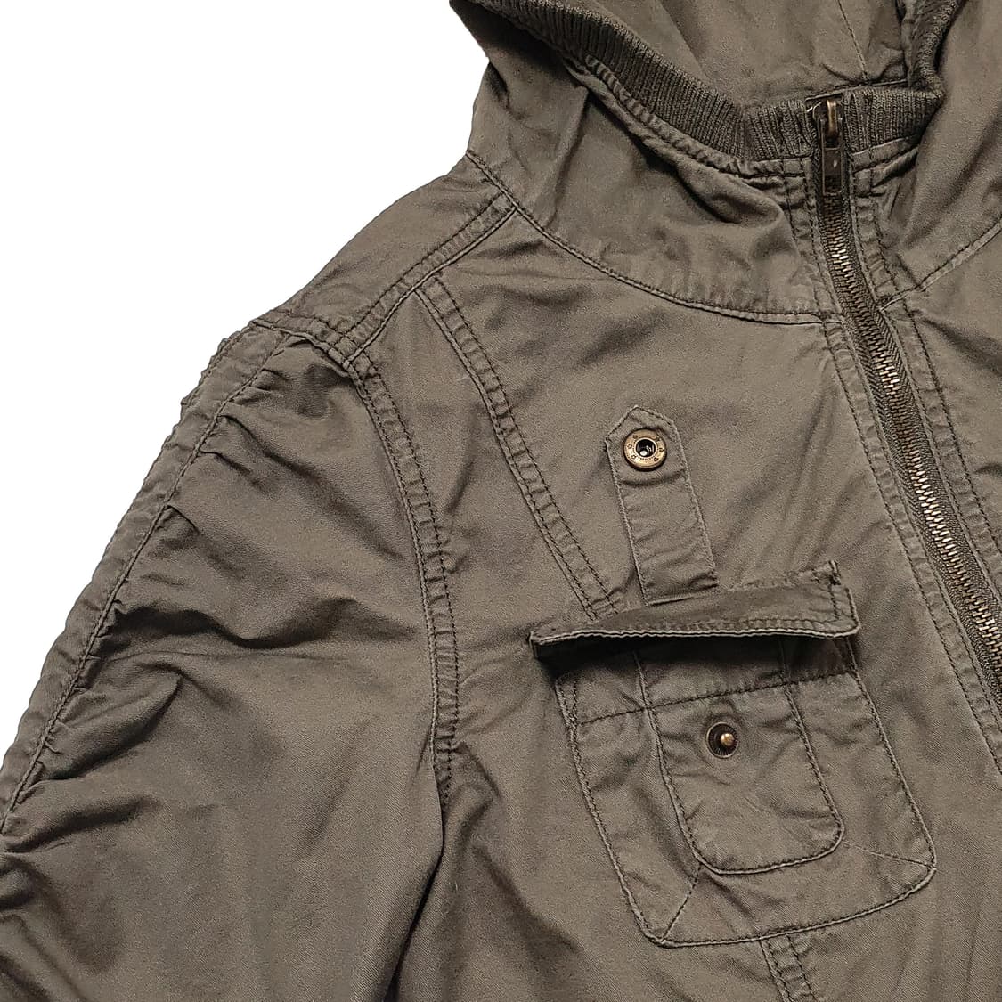 소매 셔링 포켓 숏 후드 야상 점퍼 카키 상품이미지6