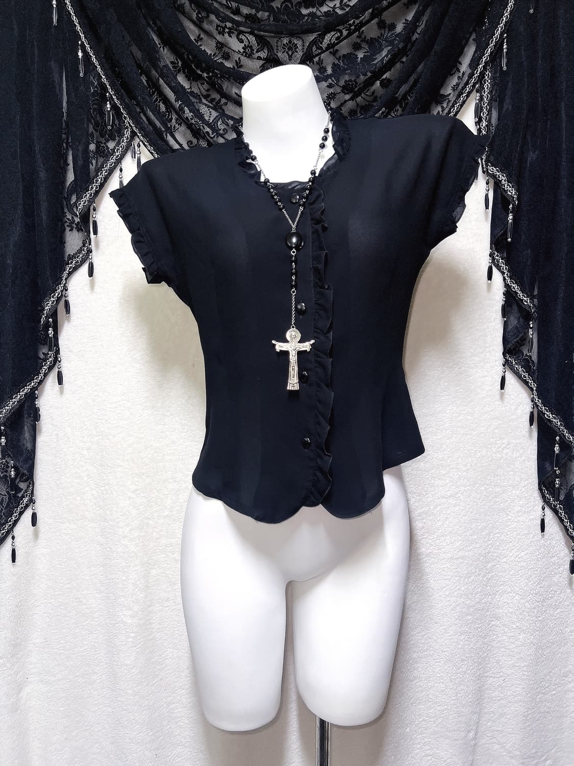 로맨틱고딕 고스로리 블랙 프릴 쉬폰 블라우스 로걀탑 공겜여주 갸루 핀터 상품이미지5