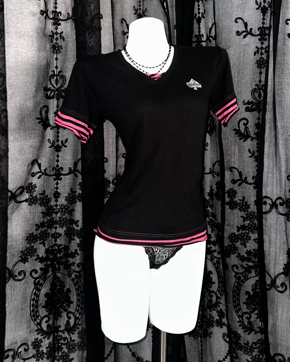 pink stripe black short sleeve 상품이미지1