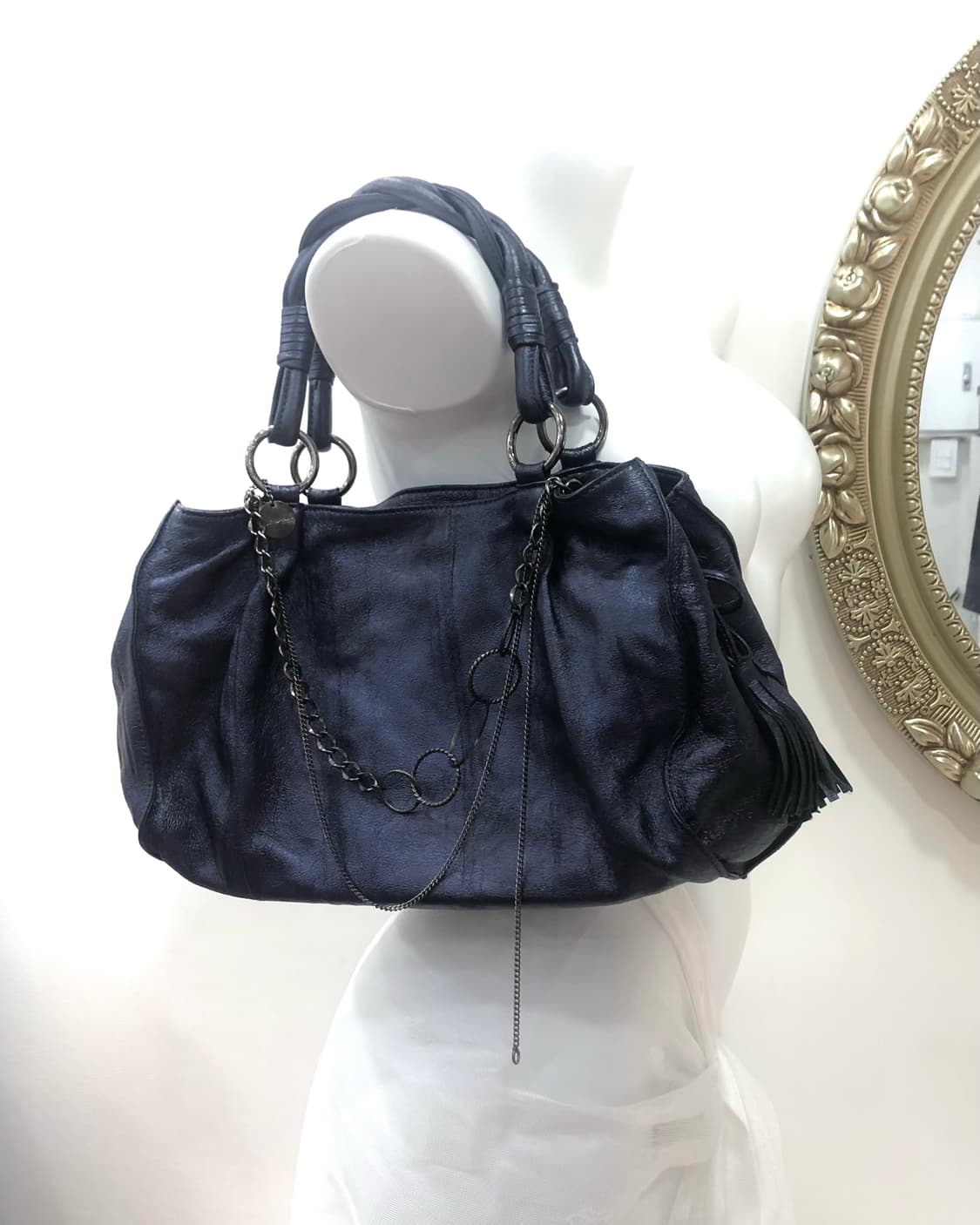 navy leather tassel chain shoulder bag 상품이미지2