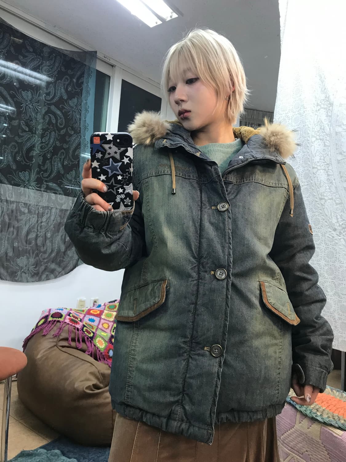 썰스데이아일랜드 오리털 데님 하프패딩  상품이미지2