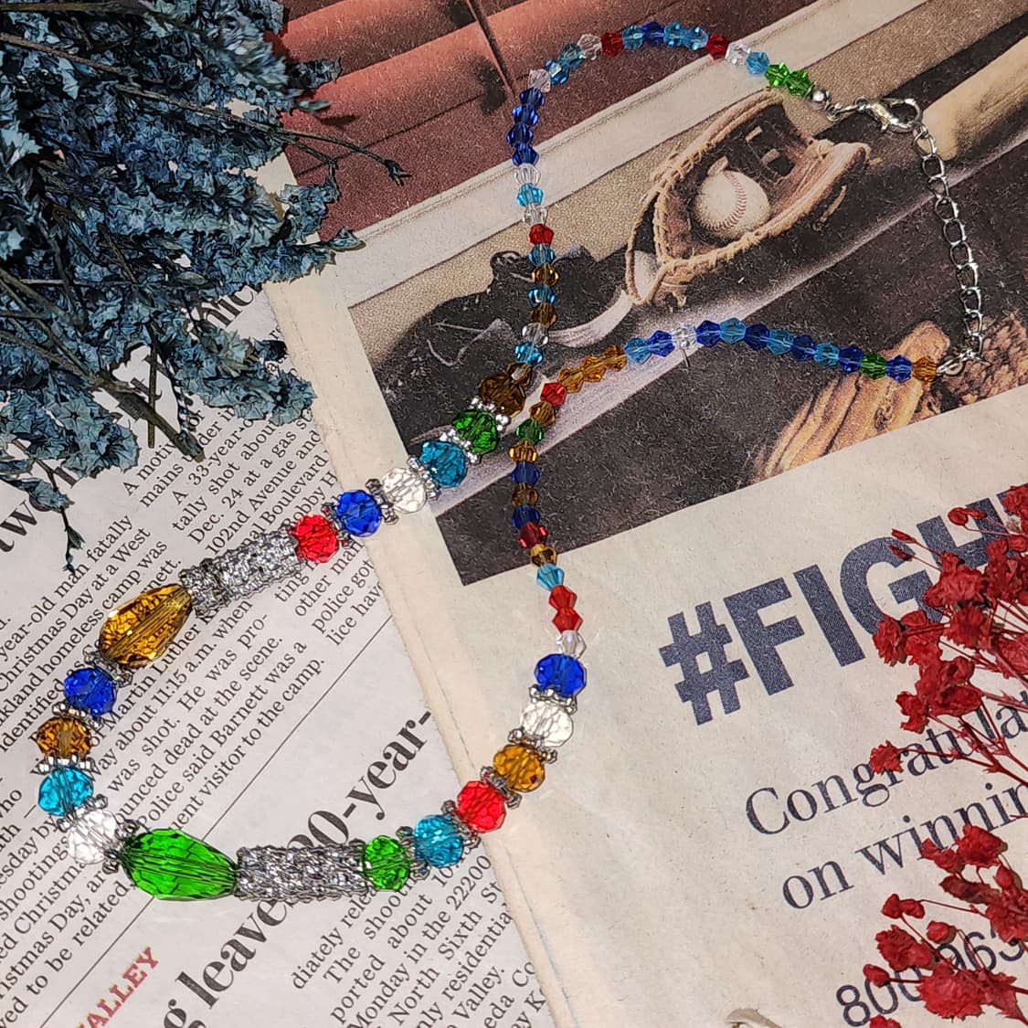 90s 프랑스 빈티지 목걸이 레인보우 스플래시 크리스탈 비즈 목걸이 상품이미지1