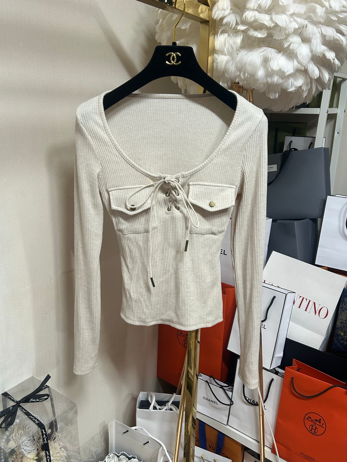 코르셋 트임 연출 포켓 골지티셔츠 상품이미지1