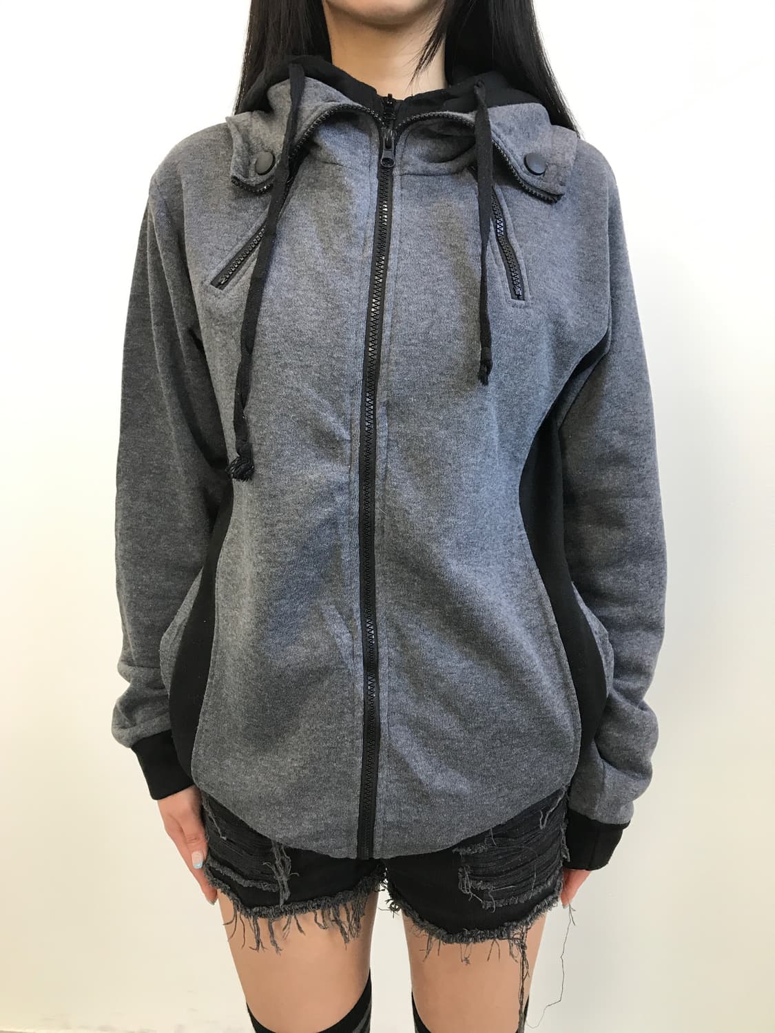 Jpn Y2k High-Neck Layered Zip-Up Hoodie 상품이미지2