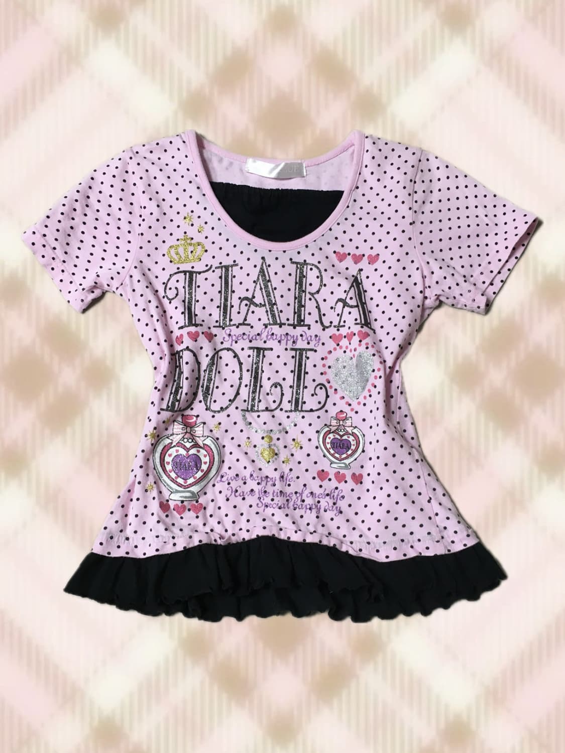 트랄라라 핑크 블랙 도트 땡땡이 레이어드 반팔 탑 갸루 히메 러블리 로걀 상품이미지1