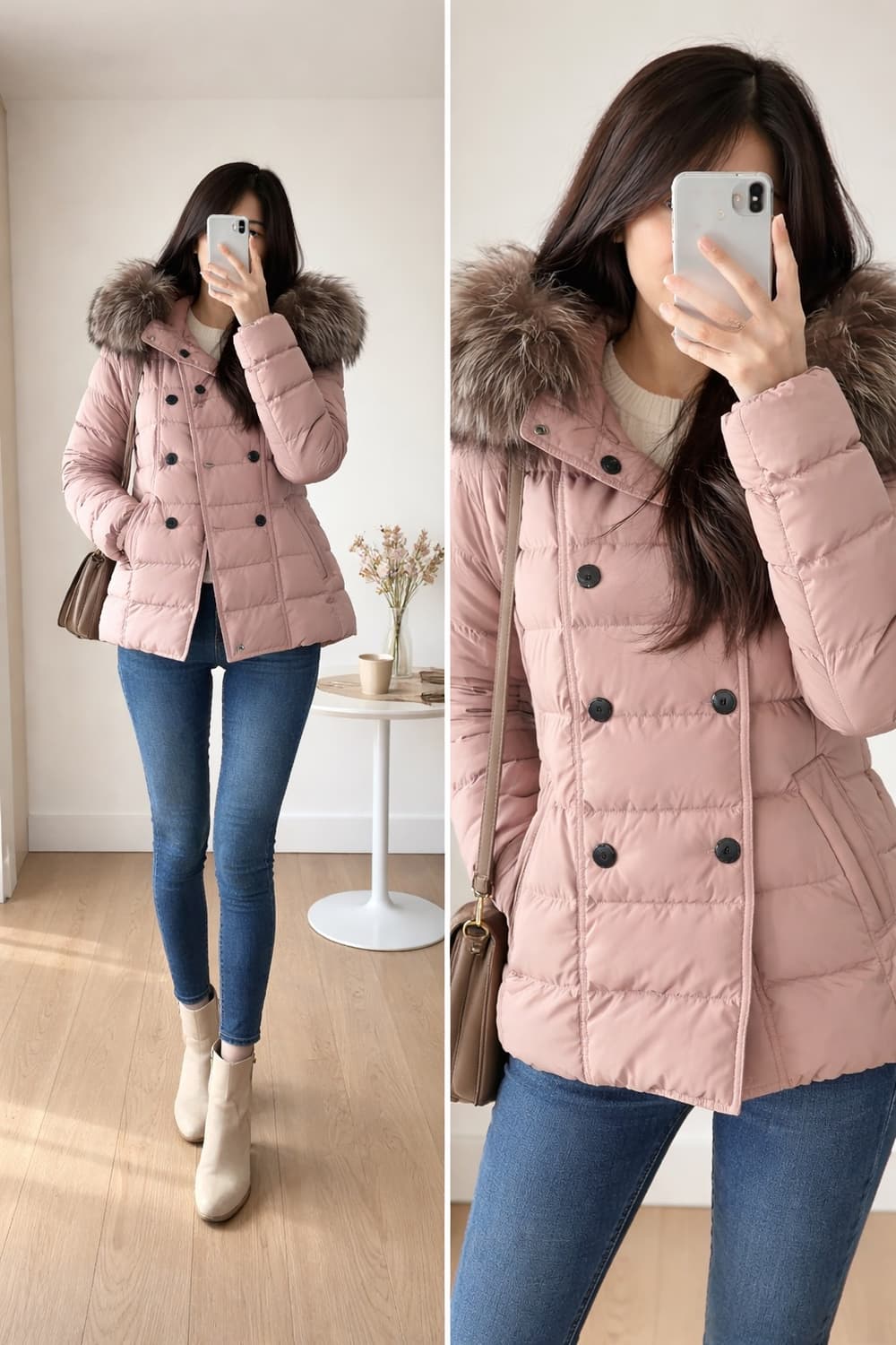 마리나요팅 여성 패딩/더스티핑크/천연여우퍼/오버핏/상태좋음 상품이미지1