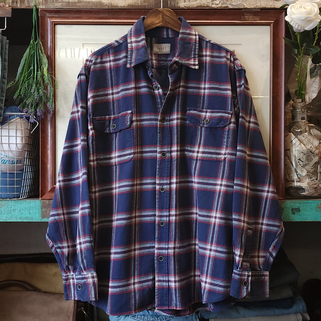 90s 아메리칸 빈티지 체크셔츠 헤비 플란넬 워크셔츠 빅체크 블루 xl 상품이미지1