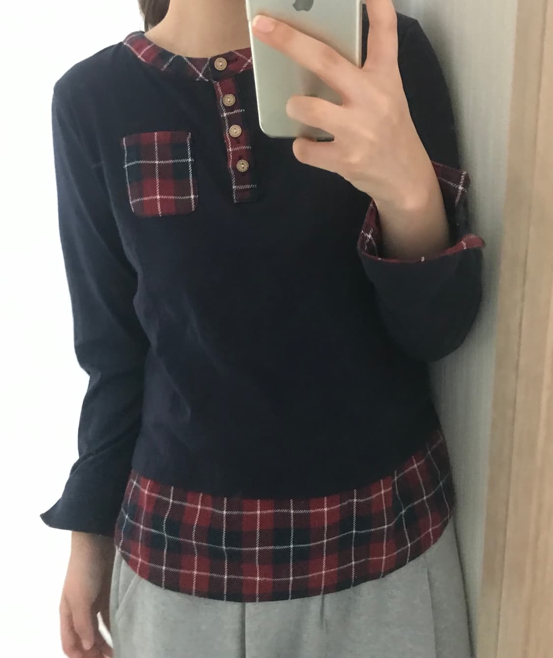 일본빈티지 체크 레이어드 포켓 단추 디테일 롱슬리브 상품이미지1