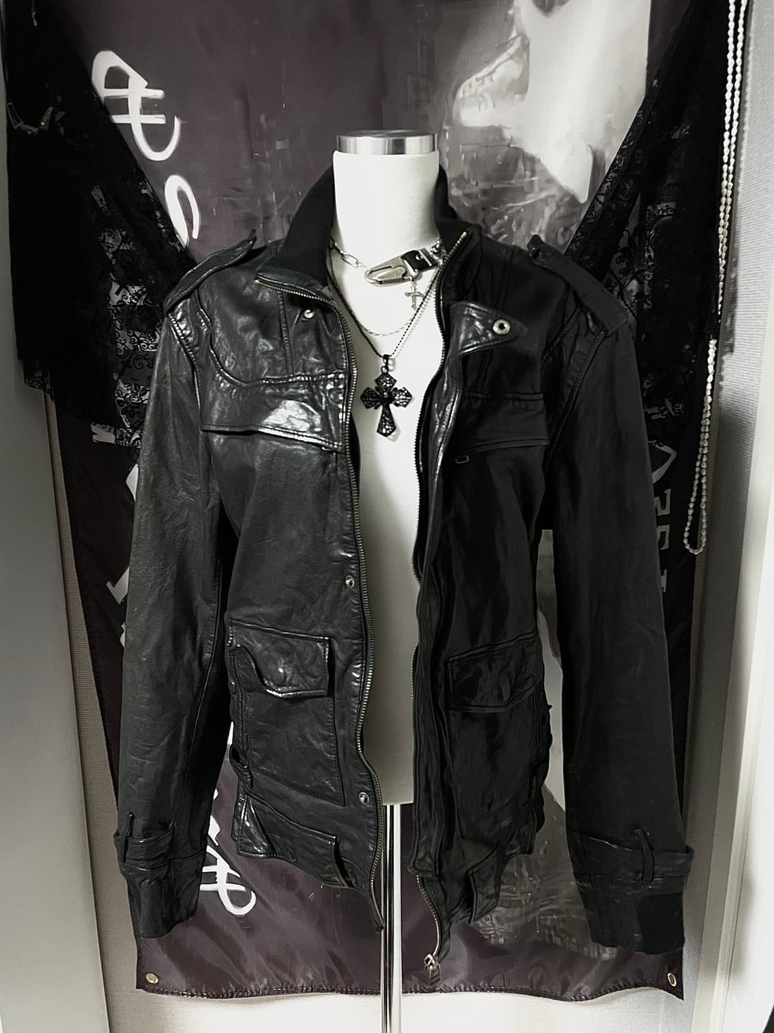 빈티지 포켓레더 자켓 락시크릭오웬스하이엔드깔펑크다크웨어디올그런지펑크 상품이미지1