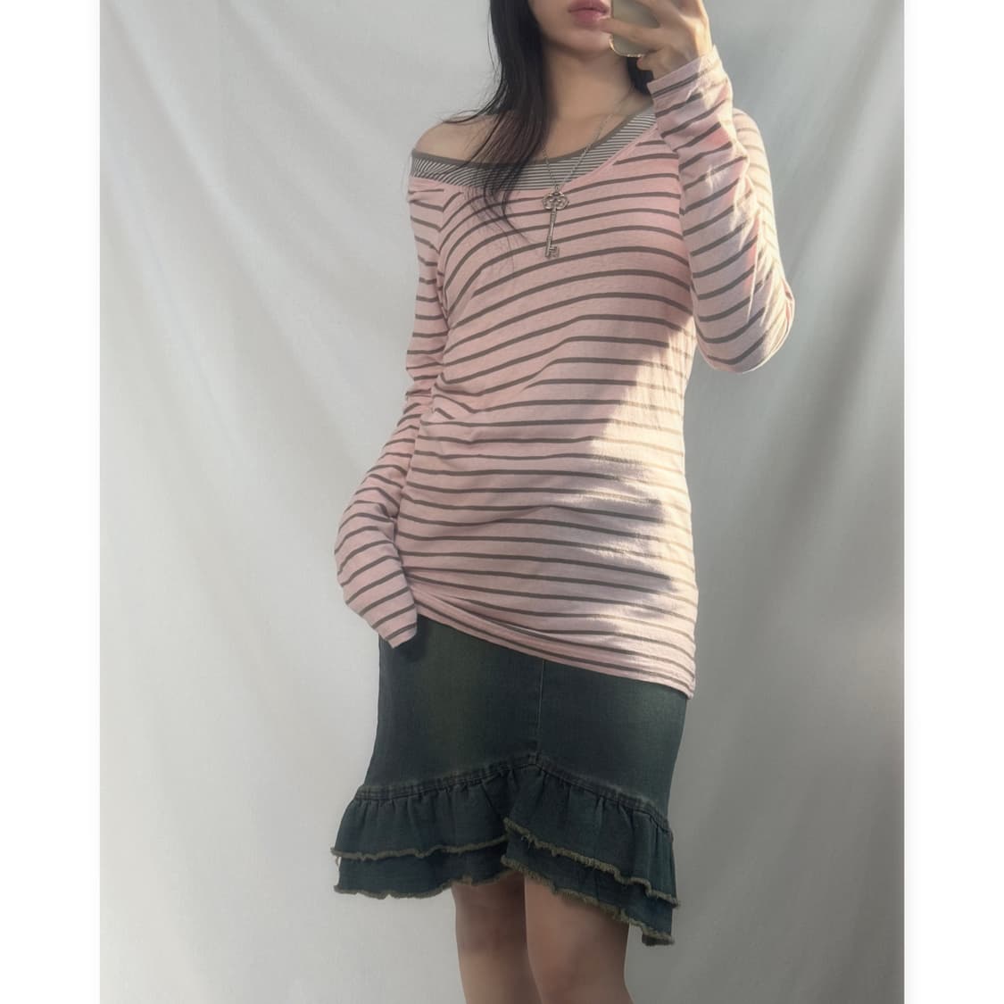 와이드 넥 핑크/모카 레이어드 탑 2pcs SET (단품 구매 가능) 상품이미지1