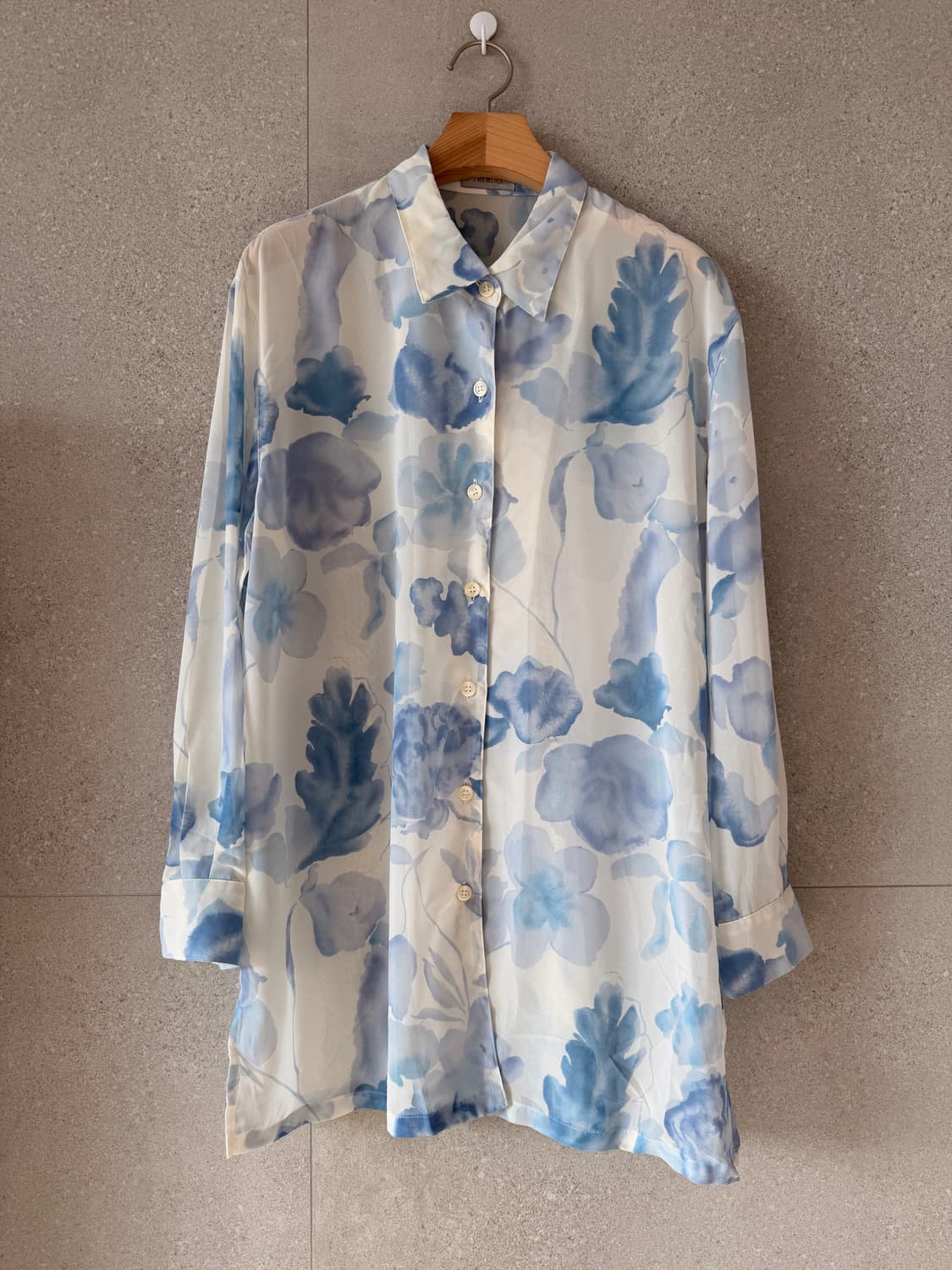 일본제 시스루 꽃무늬 긴팔 블라우스 블루 화이트 상품이미지1