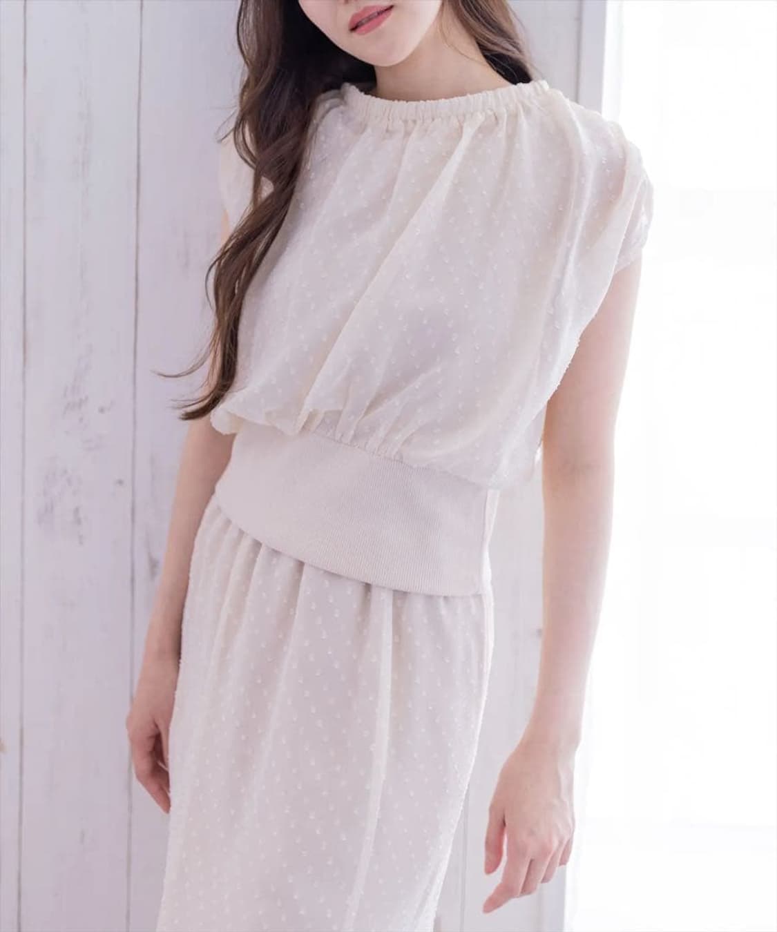 일본빈티지)아이보리 라떼히메갸루 레이어드 가오리핏 시스루 도트퍼프블라우스 상품이미지1