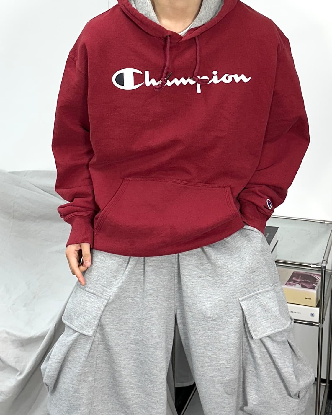 챔피온 버건디 빅로고 후드티 XL 상품이미지2