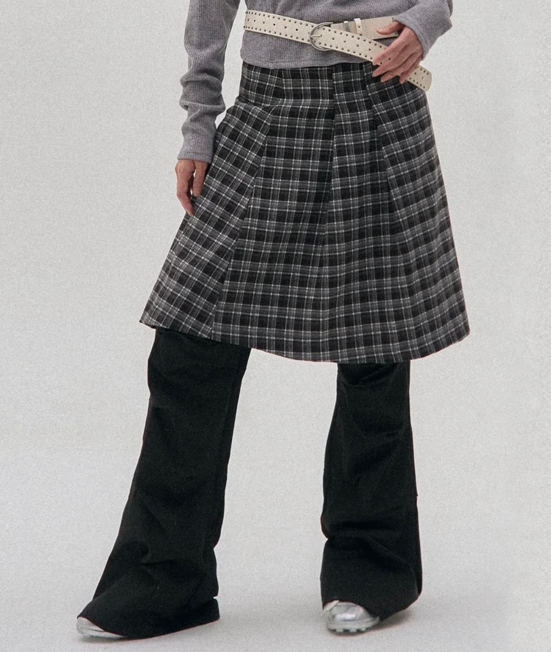 더블 버튼 체크 미디 레이어드 랩 플리츠 스커트 체크 상품이미지1