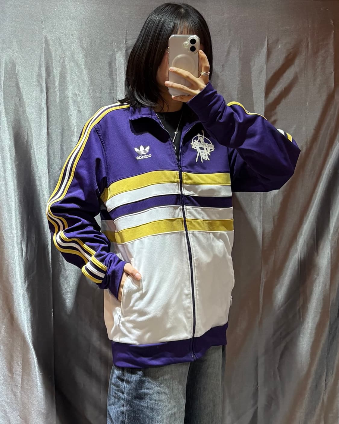 M 아디다스 파이어버드 스펠링 로고 배색 베스킷볼 퍼플 트랙탑 상품이미지1