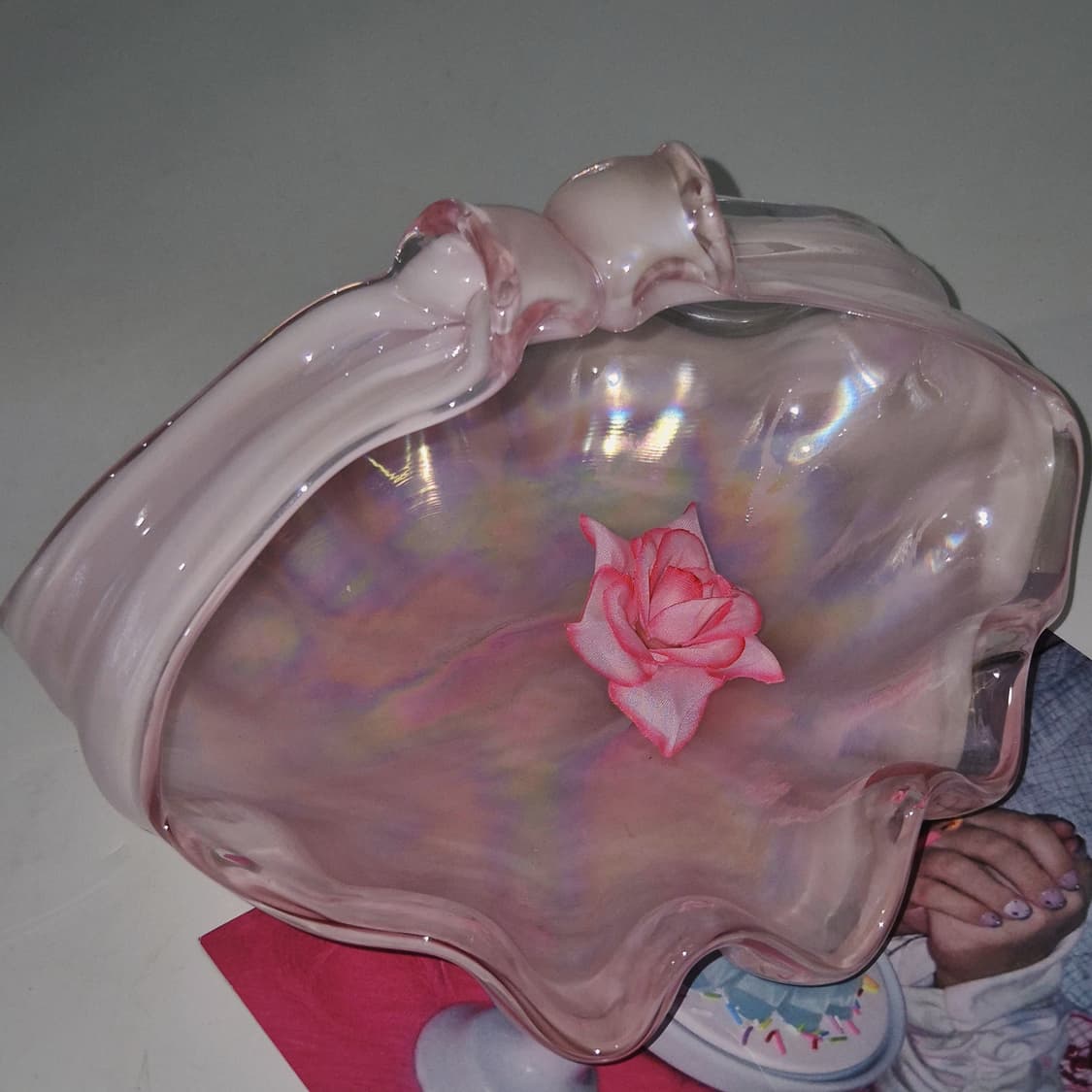 80s 쿠라타 핸드블로운 핑크 셸 리본 바구니 상품이미지6