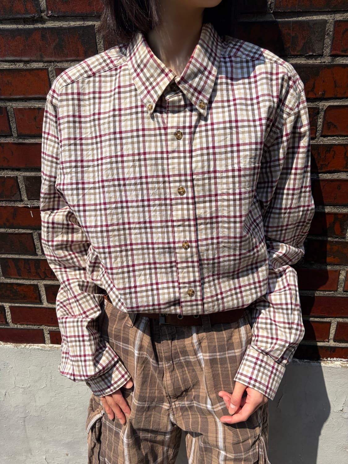 Eddie Bauer 베이지 버건디 체크 셔츠 상품이미지1