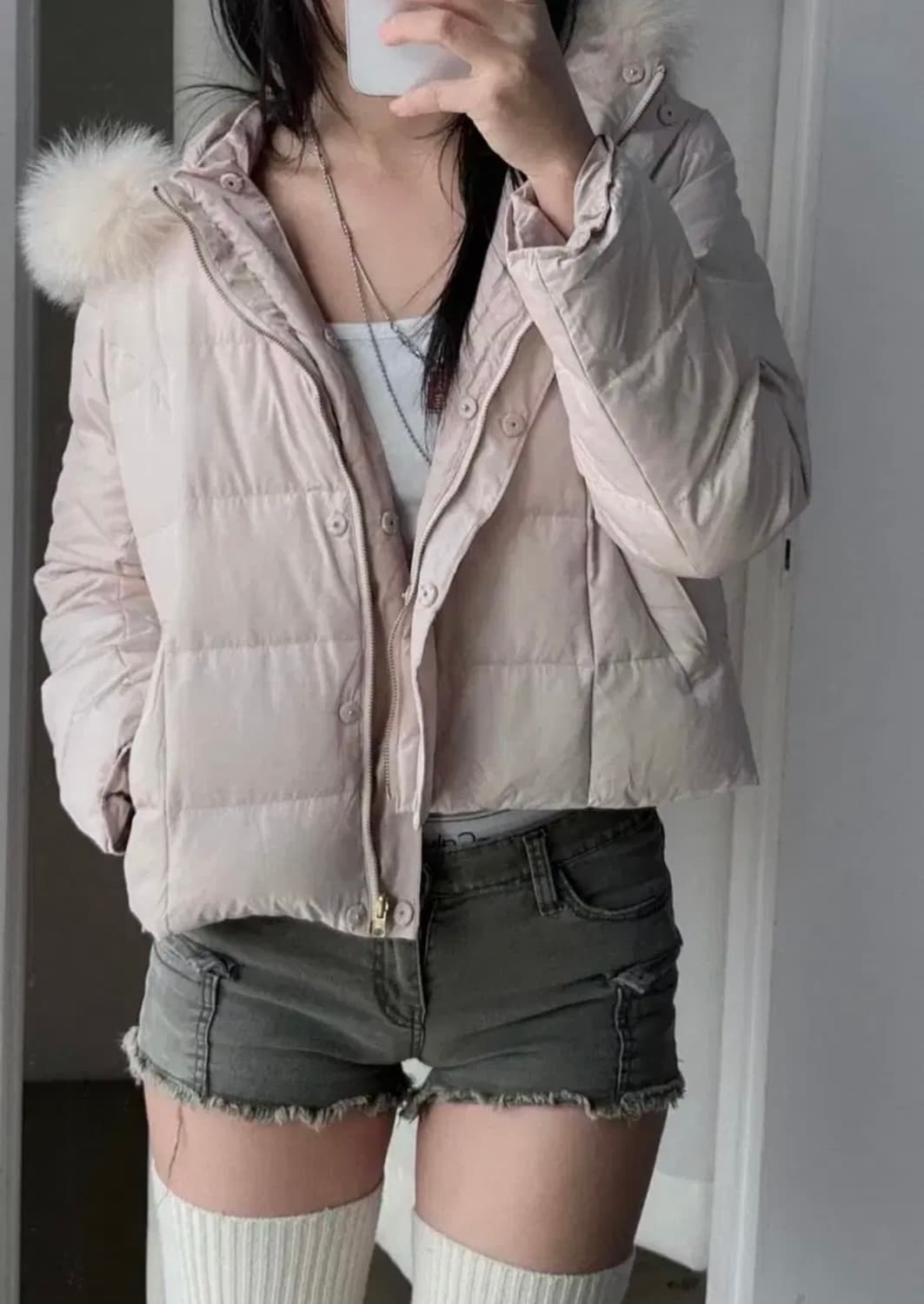 빈티지 핑크 베이지 퍼 후드 패딩 상품이미지3