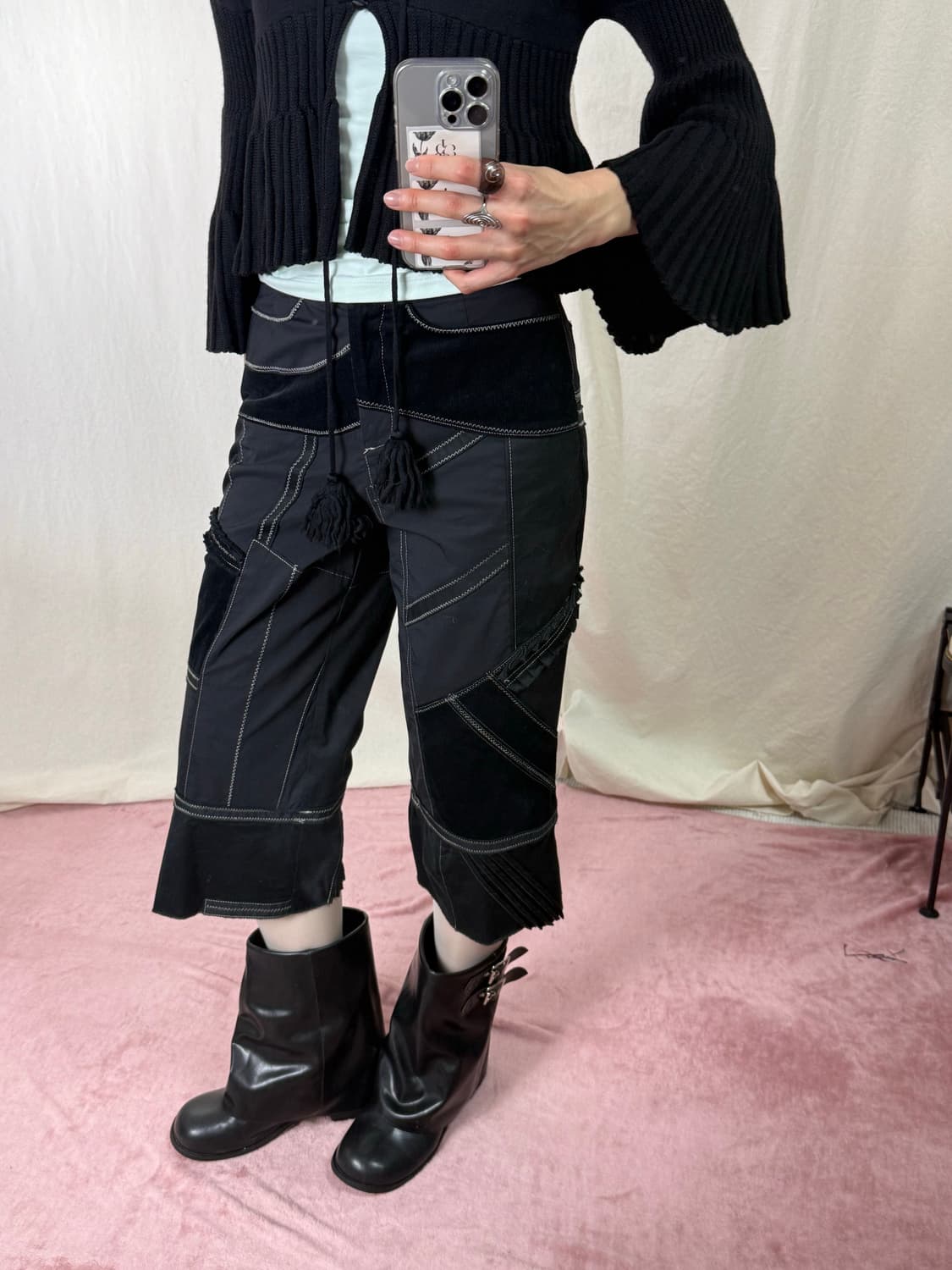 t.b by Sensounico 비대칭 패치워크 스티치 7부 팬츠 상품이미지2