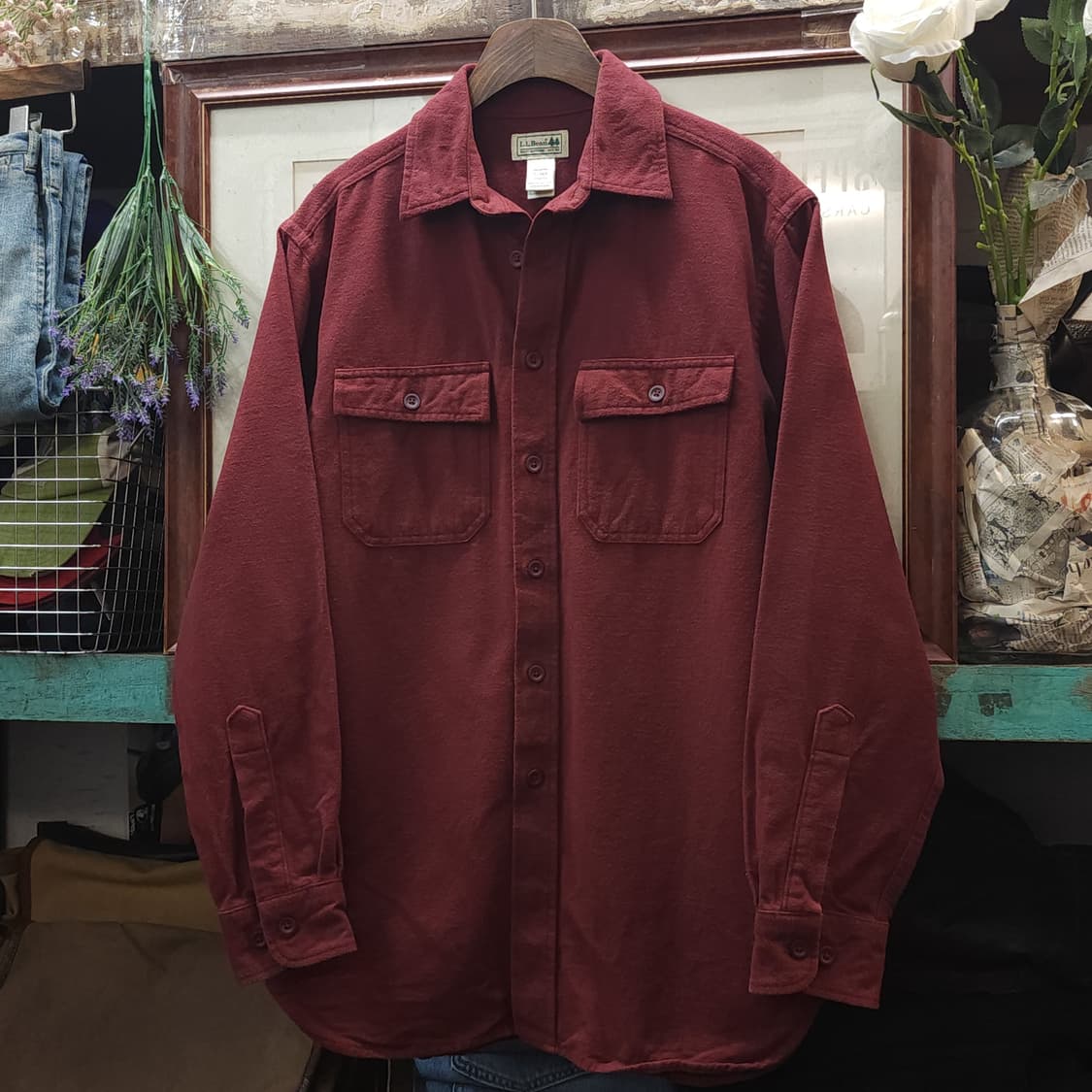 90s 엘엘빈 워크셔츠 헤비코튼 투포켓 샤모아 셔츠 레드 브라운 S 상품이미지2
