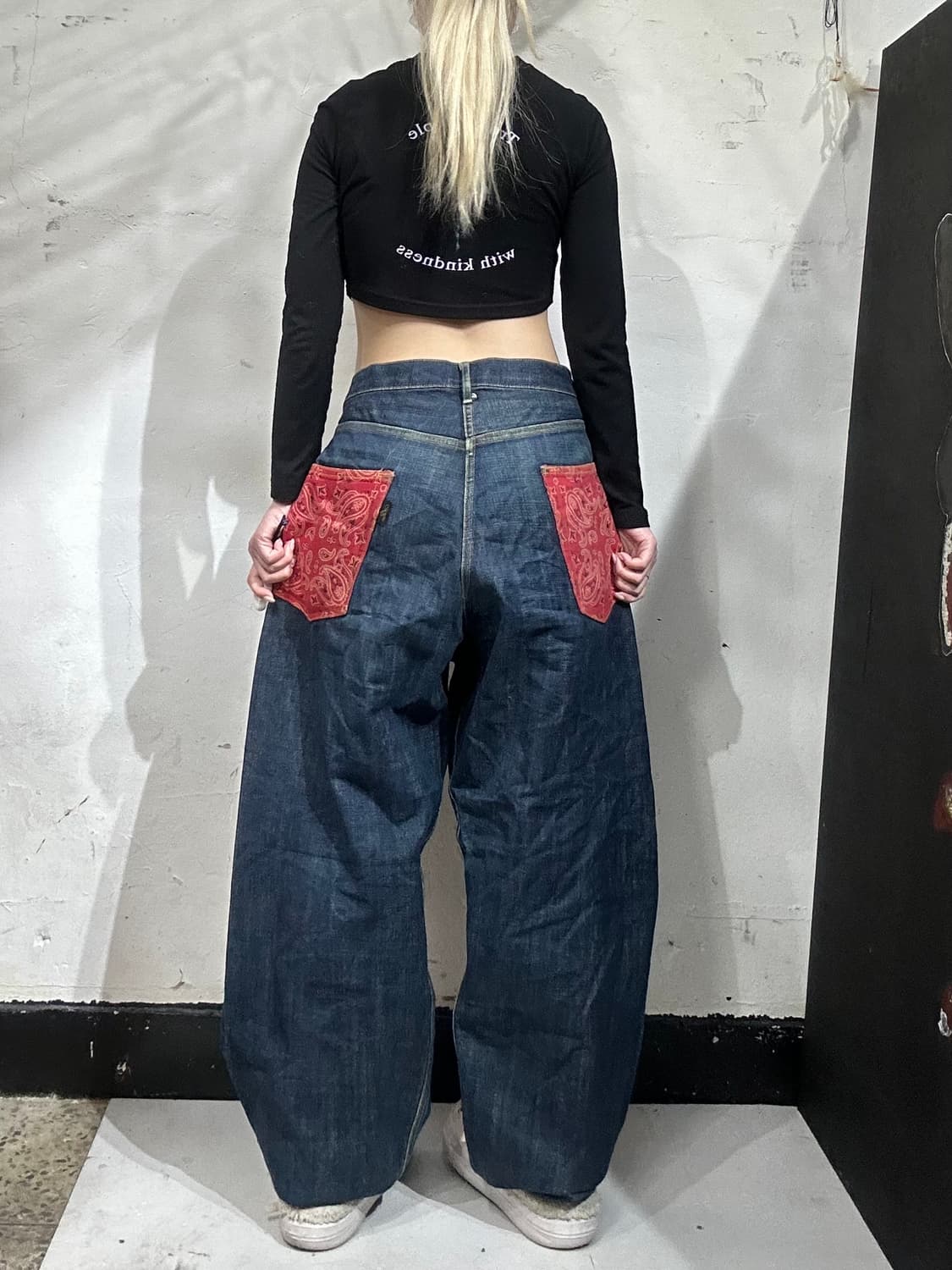 90s 일본 빈티지 진청 백 포켓 포인크 와이드 힙합 데넴 팬츠 청바지 상품이미지1