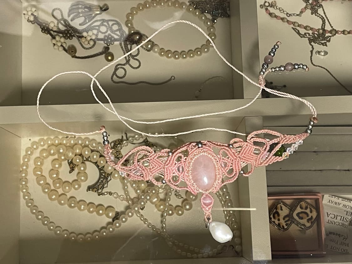 마크라메로만 올핑크 천연 로즈쿼츠 초커 목걸이 진주 펄 상품이미지4