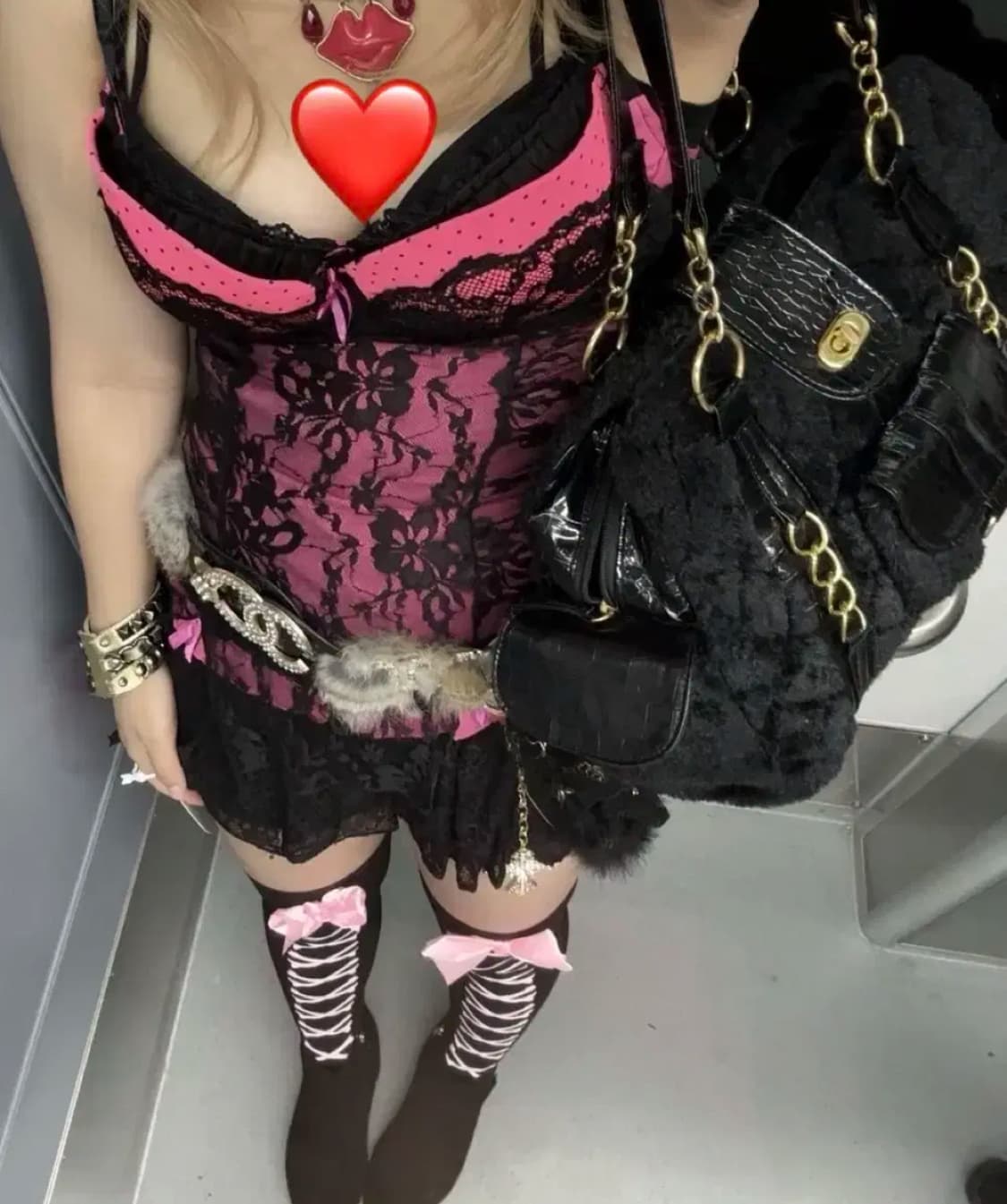 오네갸루 핫핑크 슬립 나시 레이스 블랙 캡 히메갸루 상품이미지1