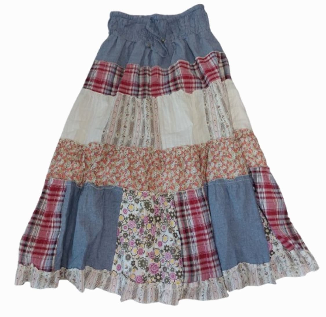 모리걸 하구미 패치 체크 레이스 잔꽃 데님 롱스커트 상품이미지1