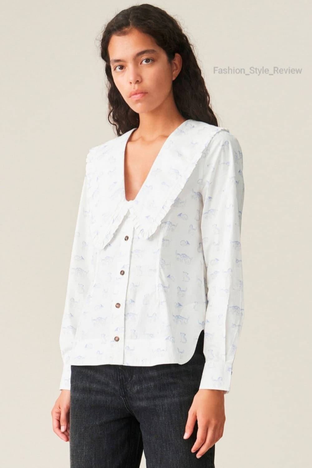 가니 Ganni 고양이 프린트 포플린 V넥 셔츠 상품이미지4