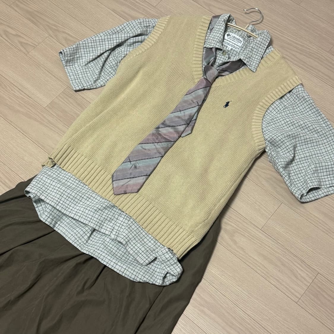 빈티지 모리걸 교복 코디 세트 넥타이 라코스테 반팔 셔츠 스커트 상품이미지4